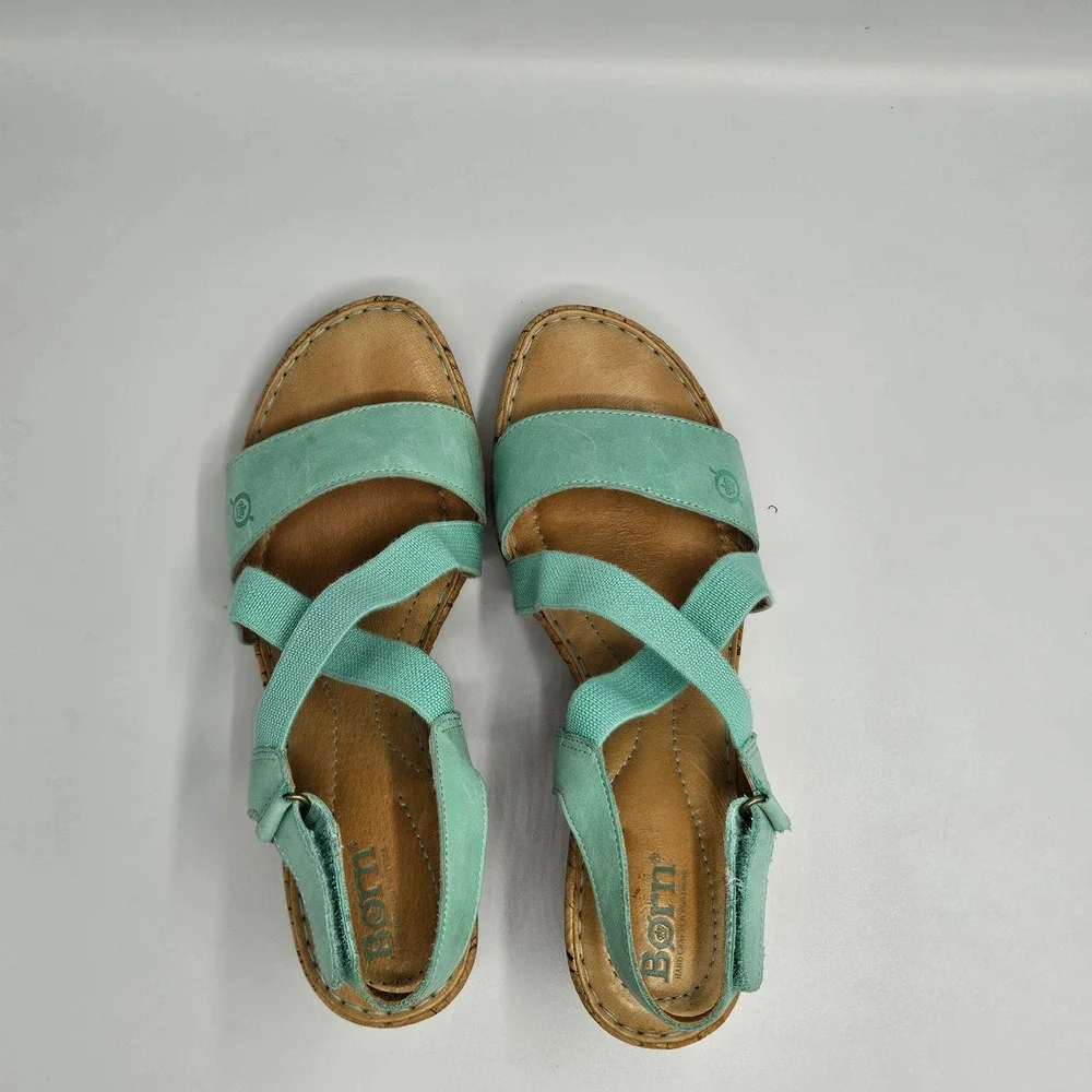 Born Womens Mint Green Leather Cork Wedge Sandals Elastic Straps Size 8